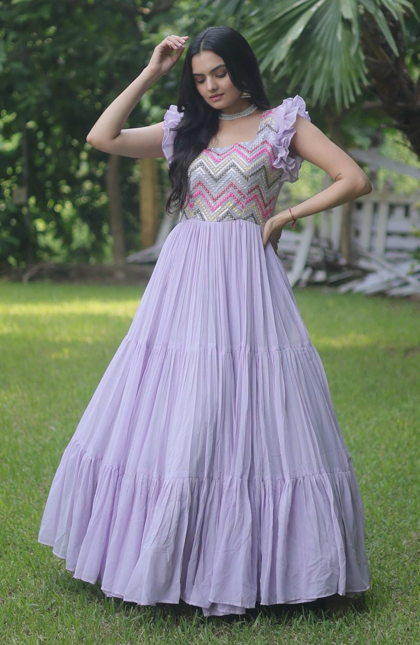 Fashion Basket Grey Faux Georgette Embroidered Anarkali Gown for Women (X-Large, Purple)