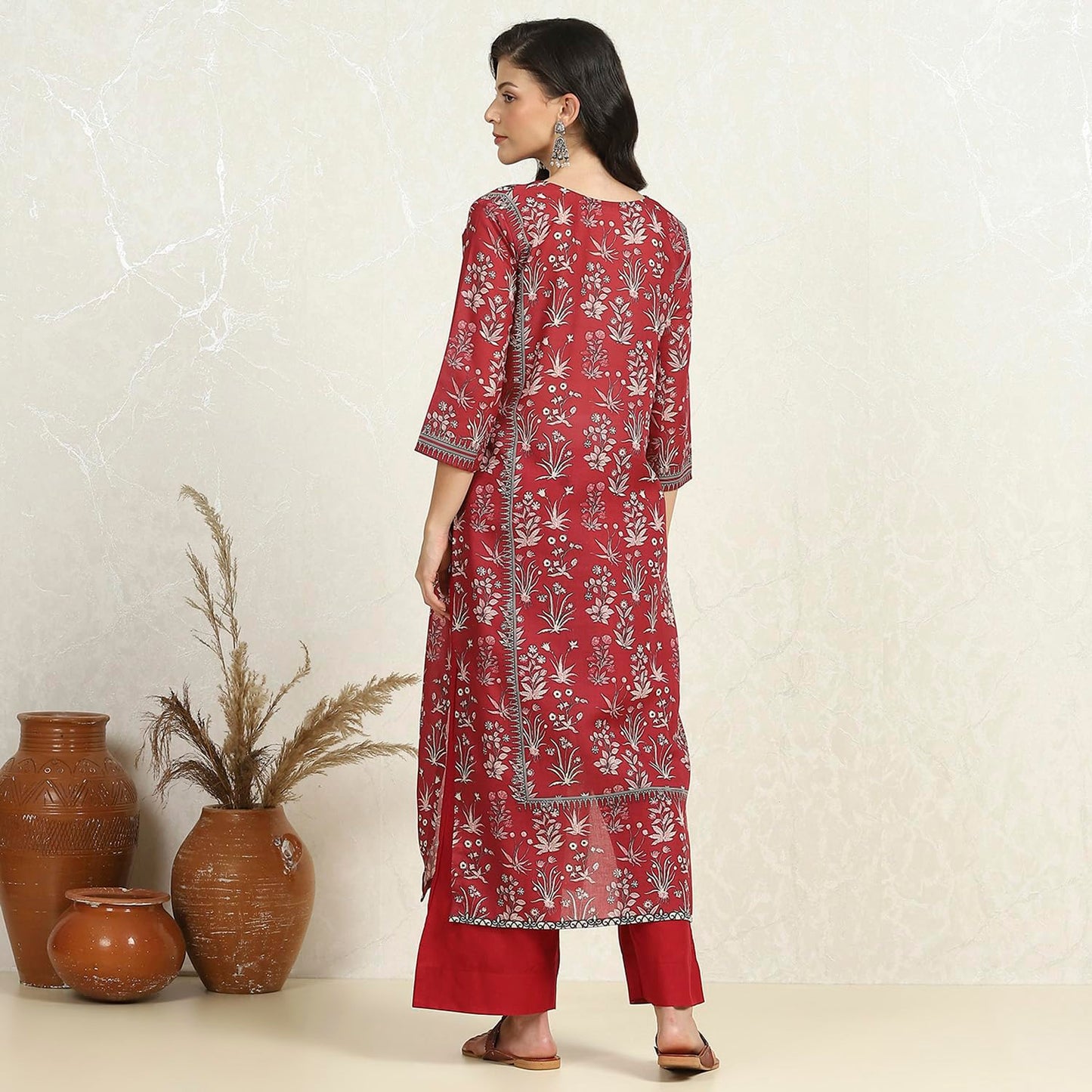 Biba Women Green-Maroon Cotton Unstitched Suit Set_Free Size