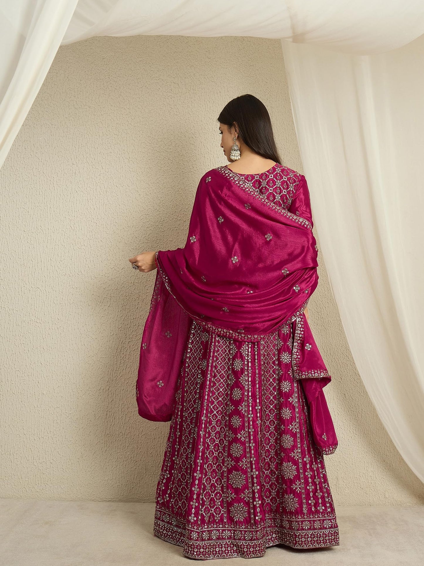 Miss Ethnik Women's Maroon Chinon Stitched Gown with Dupatta Full Sleeve Embroidered A-Line Gown (MEY-1236-Maroon-M)