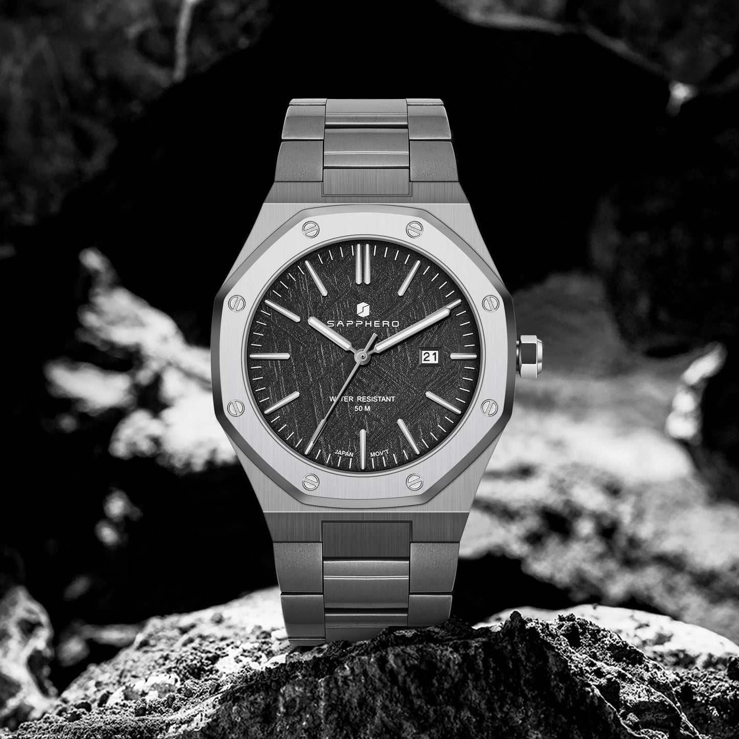 SAPPHERO Men's Watch Octagonal Stainless Steel 30M Waterproof Luminous Wristwatch Luxury Analog Quartz Watch for Men with Date Elegant Mens, Silver and black