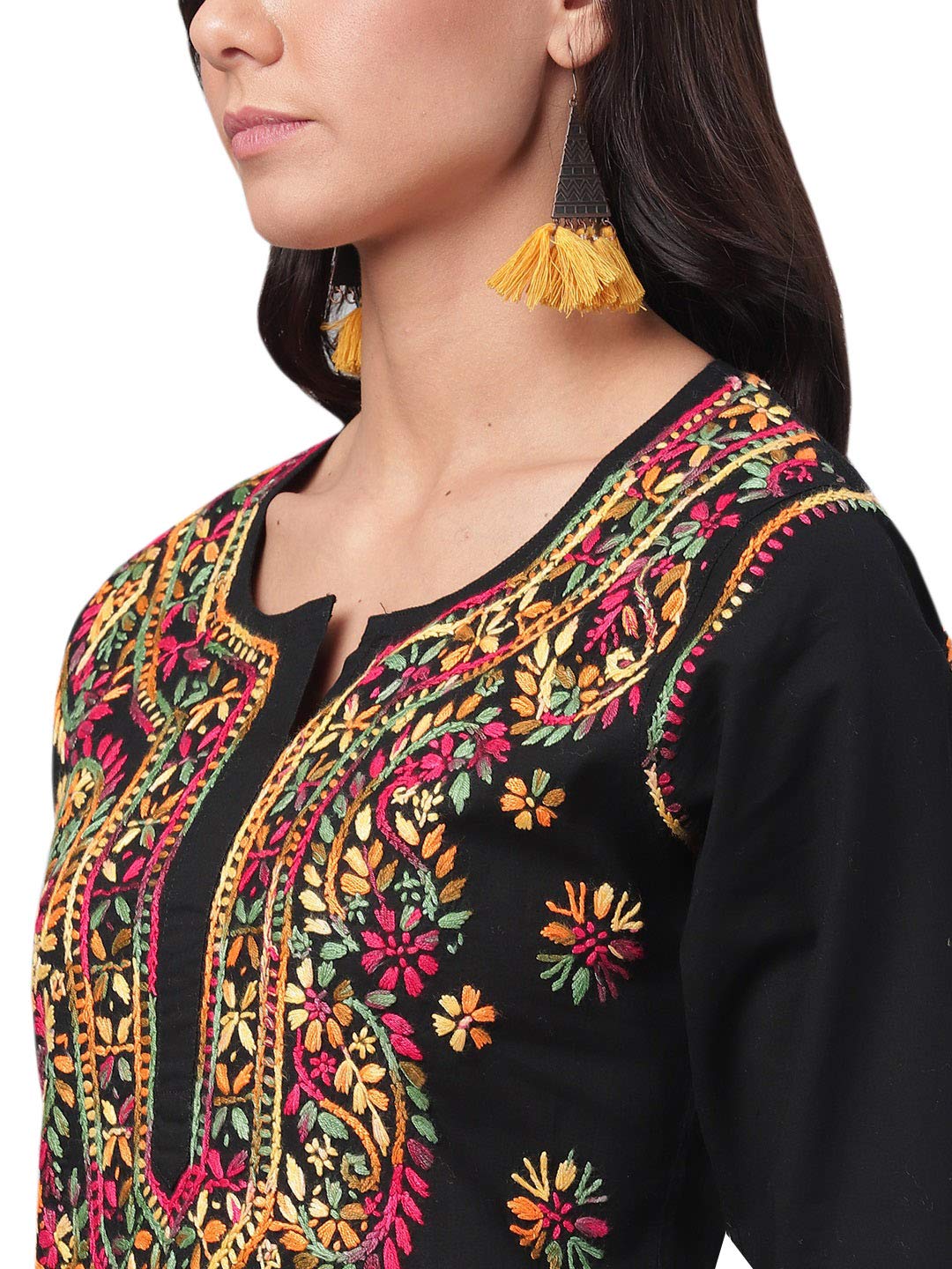 Ada Lucknowi Chikankari Hand Embroidered Straight Black Cotton Regular Fit Kurta Kurti Tunic For Women A188048 (L)