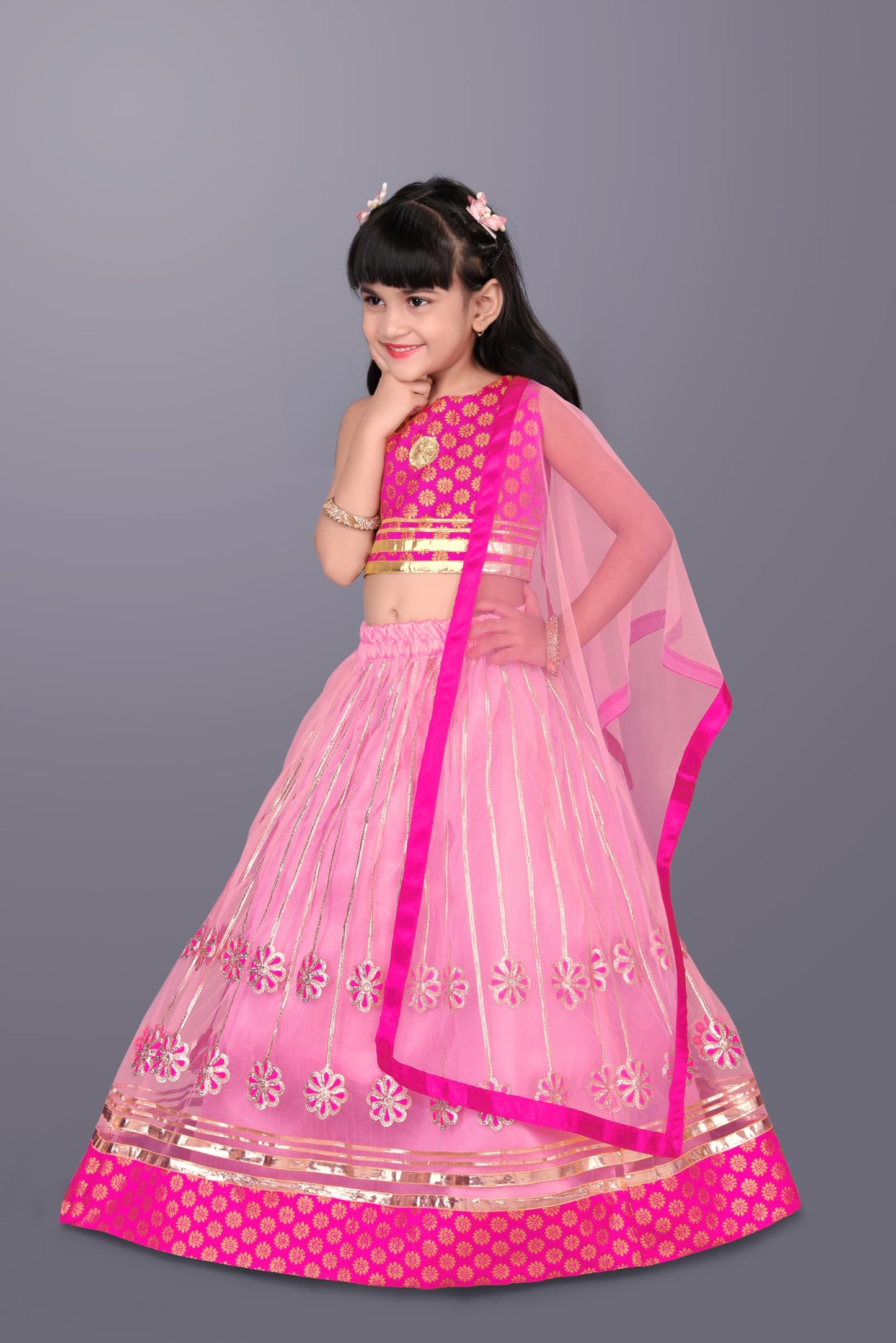 satyamfab Girls Ready to Wear Lehenga Choli Set – Elegant Jacquard Blouse, Embroidery Ribbon Work Lehenga & Gota Lace Net Dupatta9-10 Years