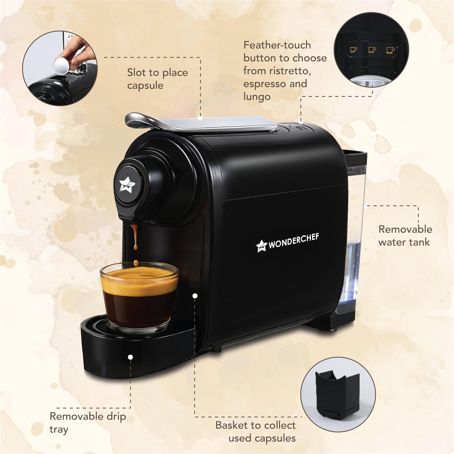 Wonderchef Regalia Capsule Coffee Machine with Frother | Perfect espresso shots for Cappuccino, Latte and Americano | 3 Coffee Shot options - Ristretto, Espresso, Lungo | 1400W | 2 Year Warranty