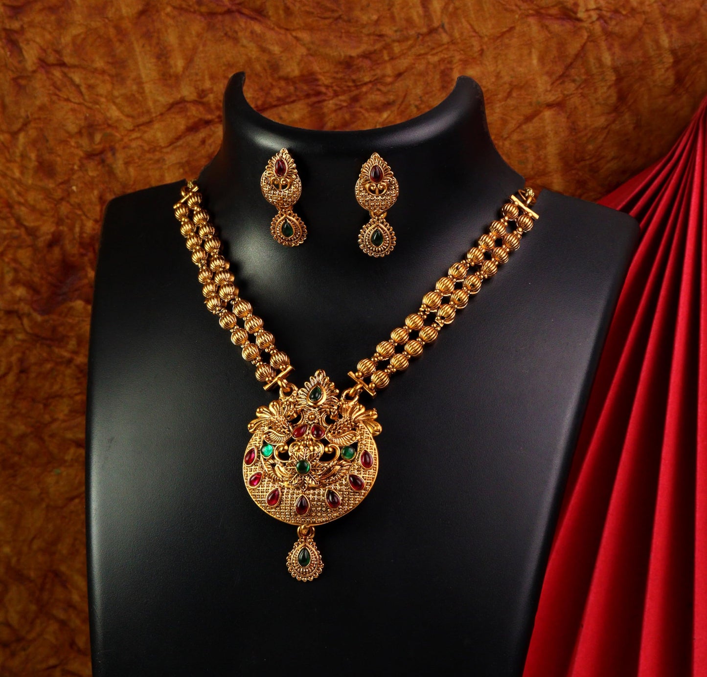 CUTE GOLD Antique Oxidised Plating Necklace With Earring For Women and Girls | Antique Temple Necklace Set for Women & Girls (AN-359)