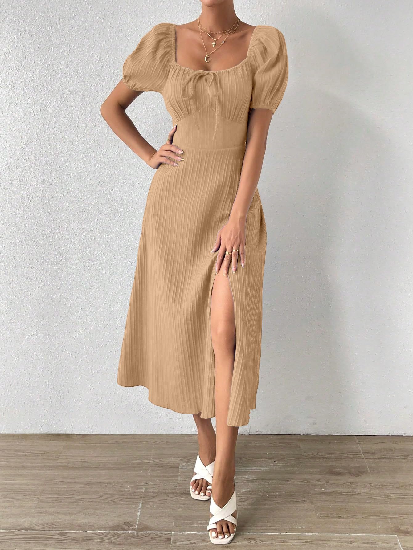 Shasmi Women's & Girl's Beige Tie Front Split Thigh Milkmaid Maxi Dress – Square Neck Puff Sleeve A-Line Long Dress, Elegant Casual & Parties Wear for Ledies (Dress 245 Beige-L)