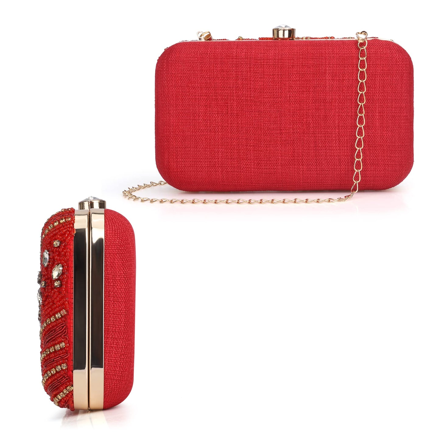 The Clownfish Emerald Collection Womens Party Clutch Ladies Wallet Evening Bag with Fashionable Round Corners Beads Work Floral Design (Red)