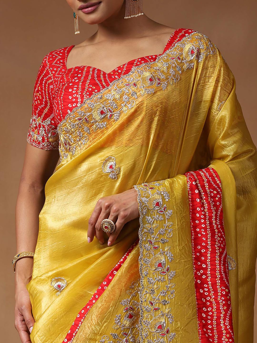 SAREE MALL Women's Yellow Tissue Floral Printed Saree With Unstitched Blouse Piece (ANIKA1601_AG)