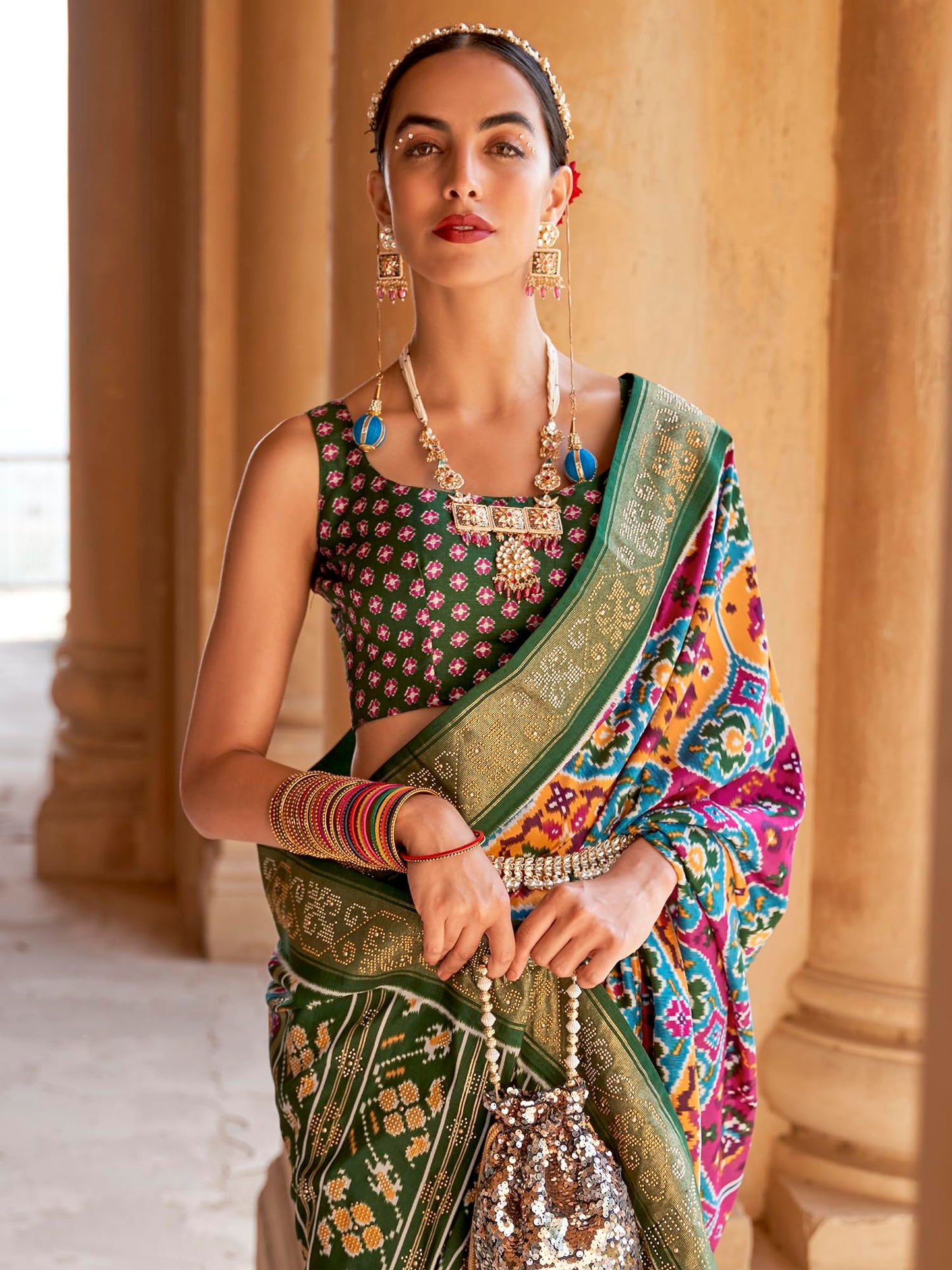 SAREE MALL Women's Embellished Ikat Print Silk Blend Saree with Unstitched Blouse Piece (Multicolored_PATOLA347_RW)