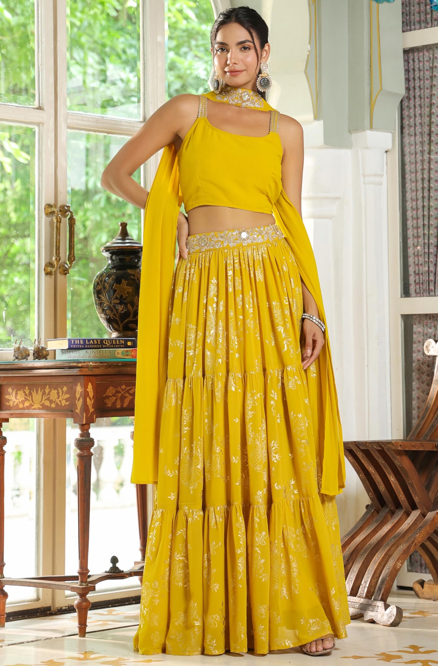 Janasya Women's Yellow Georgette Embellished Foil Printed Tiered Lehenga Choli Set (JAB24LC00481-A-XXL)