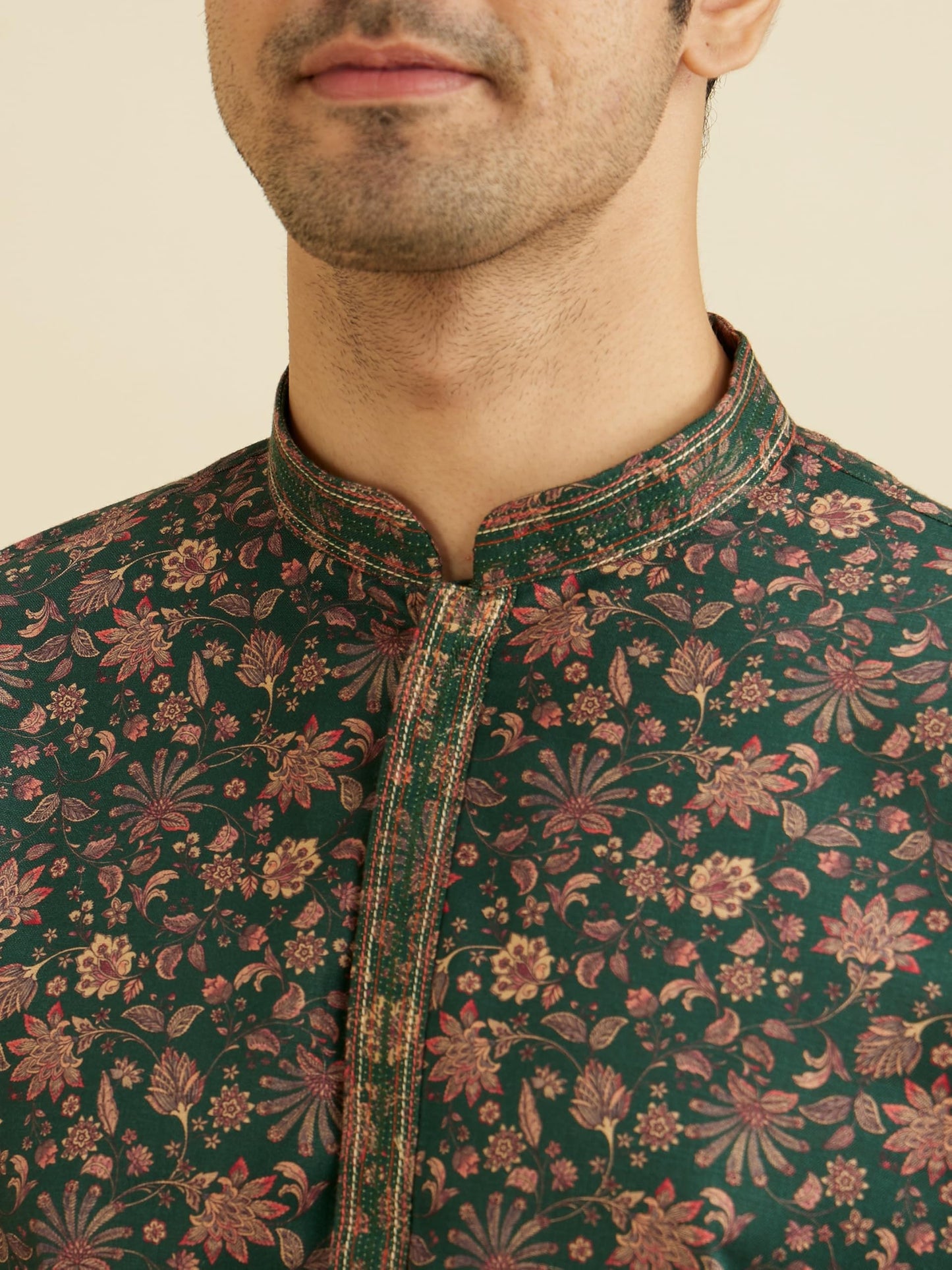 Manyavar Men's Viscose Blend Digital Print Kurta Set (Dark Green,XL)