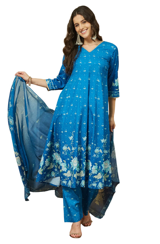 Janasya Women's Blue Cotton Blend Floral Printed Anarkali Kurta Set (JAC25ST02996-M)