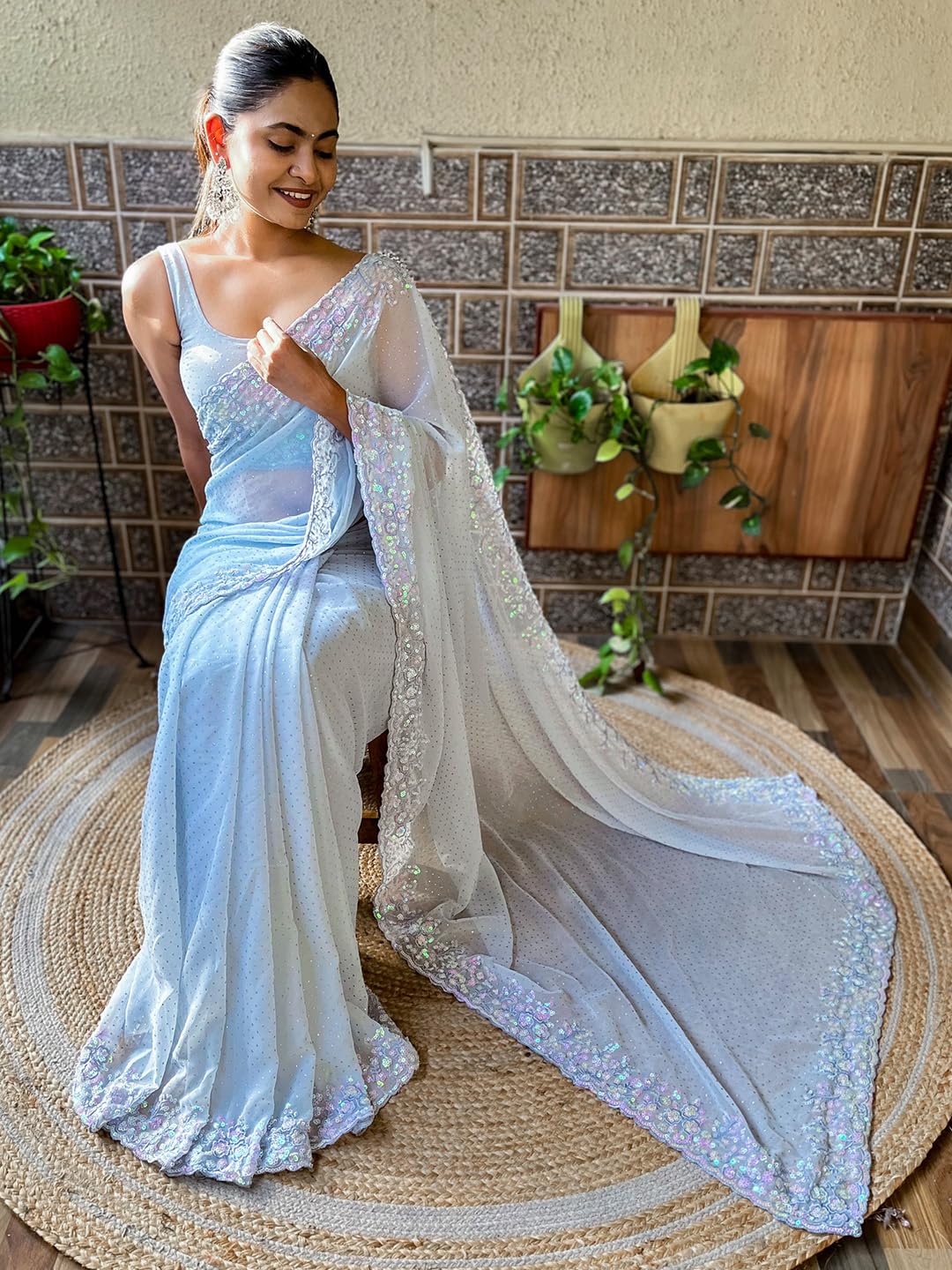 AKHILAM Women's Grey Georgette Sequins Embellished Saree with Unstitched Blouse Piece (KESARI5203_KR)