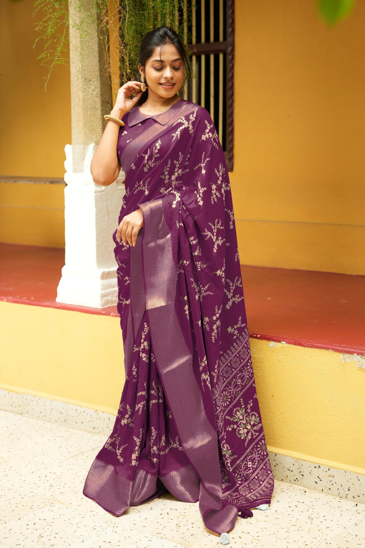 MIRCHI FASHION Women's Cotton Silk Floral Printed Saree with Blouse Piece (50746 - Dark Magenta, Multicolor)