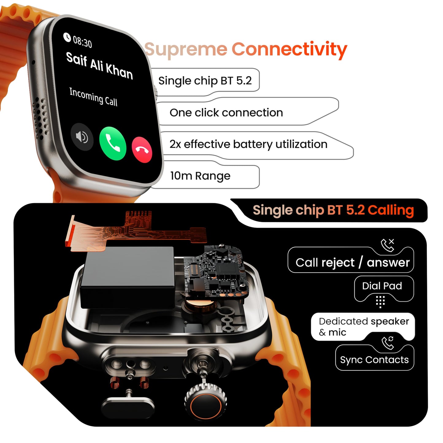 GOBOULT Newly Launched Crown Smart Watch 1.95'' Screen, BT Calling, Working Crown, Zinc Alloy Frame, 900 Nits Brightness, AI Voice Assistant, SpO2 Monitoring, 120+ Sports Mode (Tangerine)