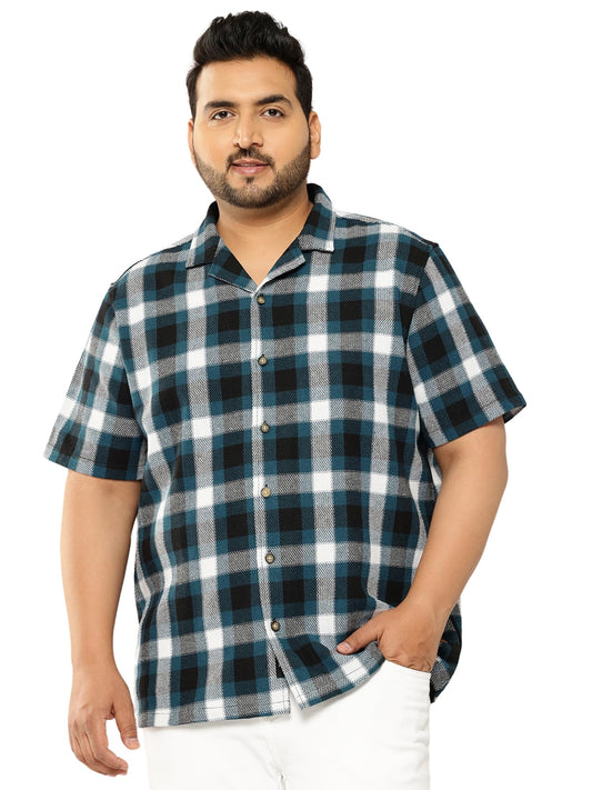 Thomas Scott Men | Short Sleeves | Regular Fit Plus Size | Windowpane Checks | 100% Cotton | Cuban Collar | Casual Shirt(TS1729_Teal_6XL)
