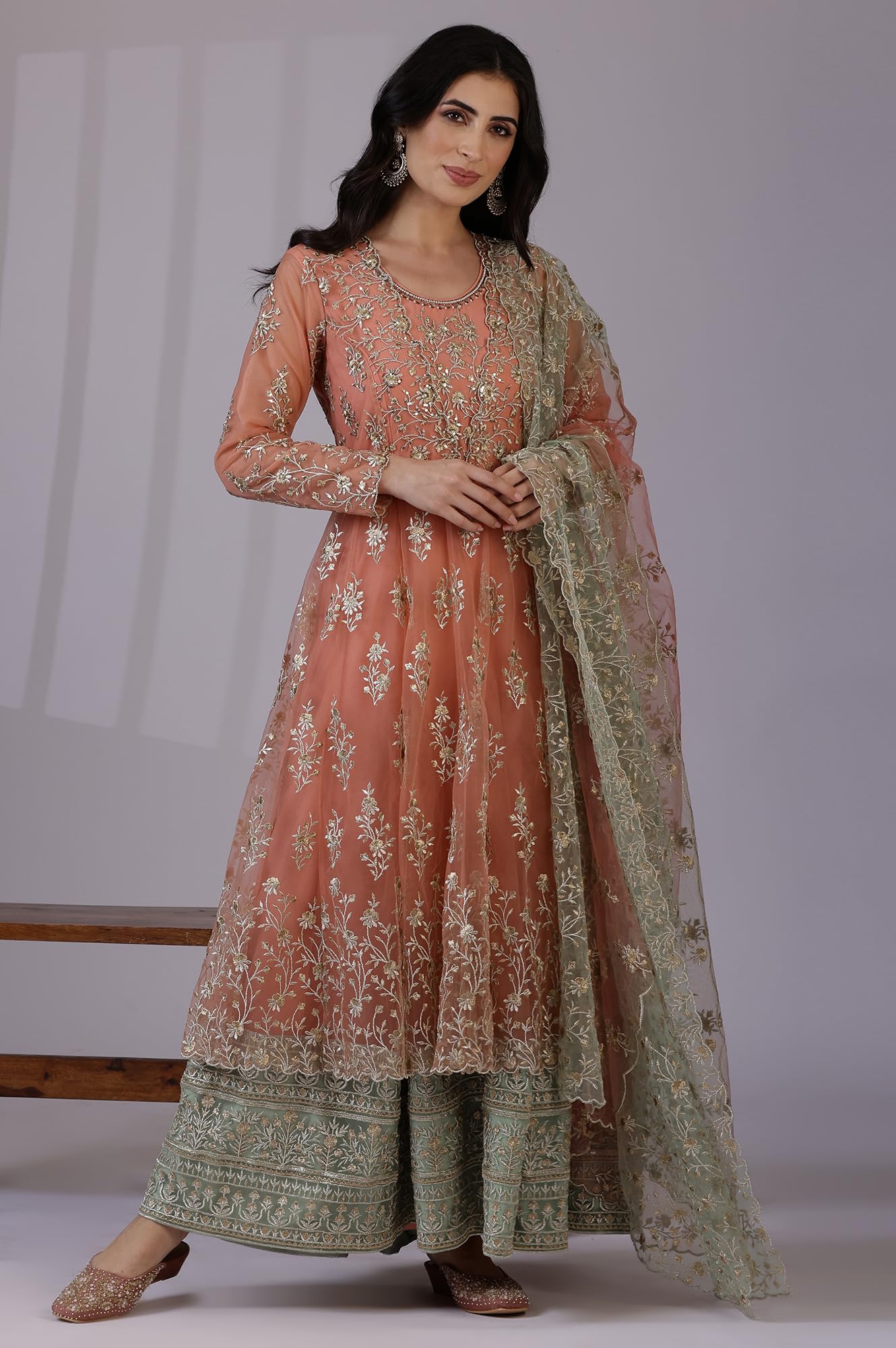 W for Woman Peach and Green Ombre Heavy Metallic Embroidered Layered Dress and Dupatta Set (Size: M)-24AUSP11987-400734
