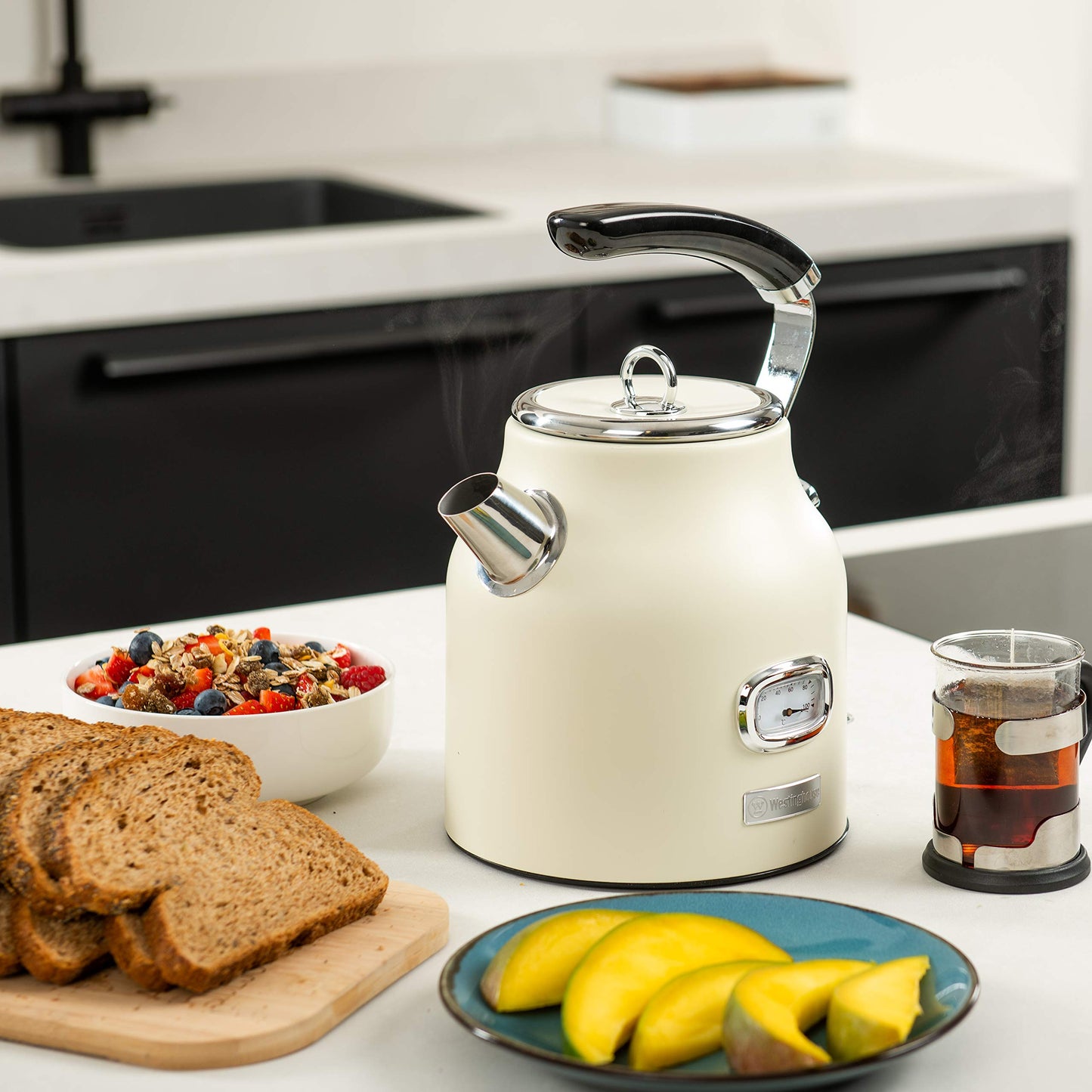 Westinghouse 1.7L 2200W Retro Series Electric Kettle | Fast Boil, Water Boiler For Hot Drinks, Quiet Boil & Detachable Filter | Temperature & Water Level Indicator | 2 Years Warranty (White)