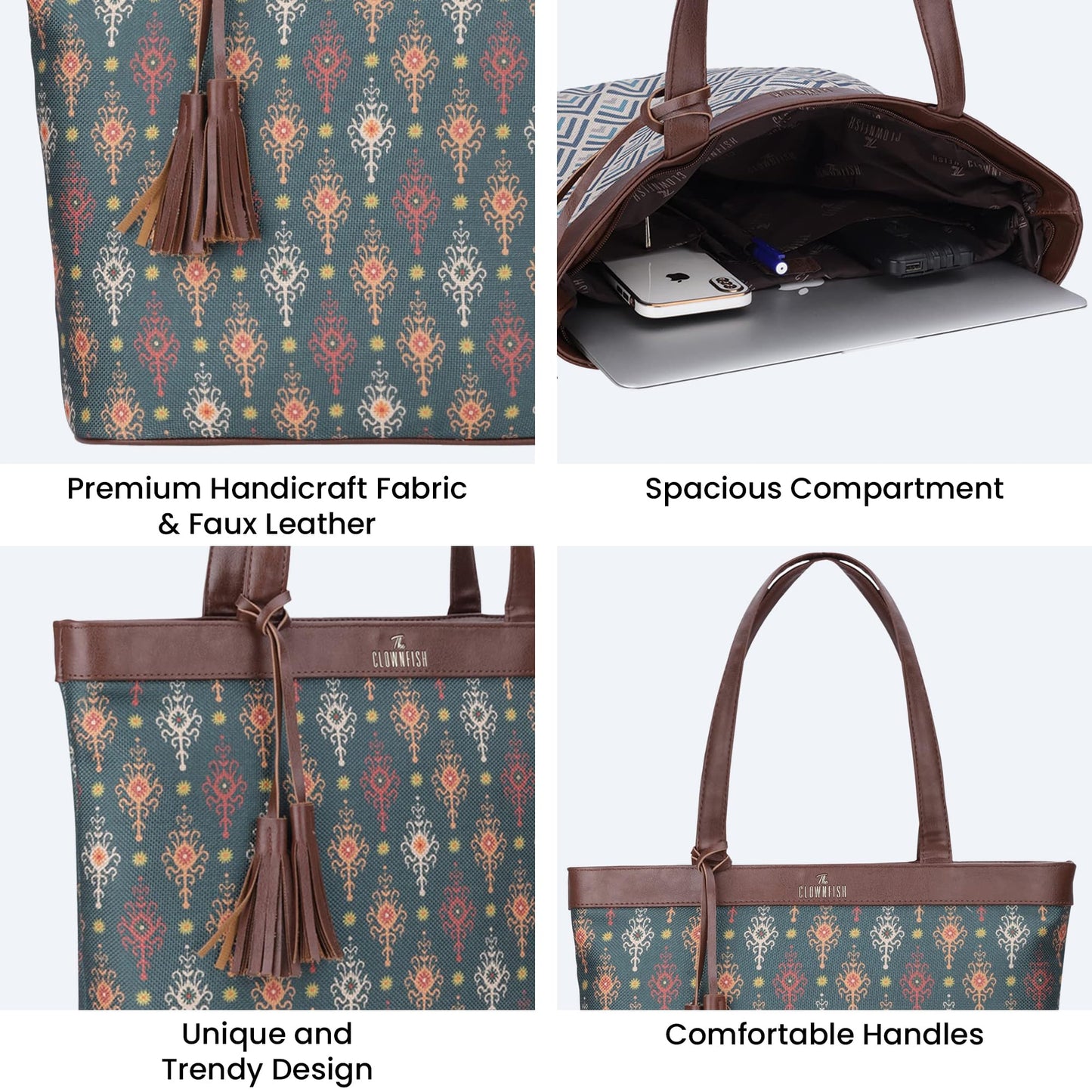 THE CLOWNFISH Casey series 15.6 inch Laptop Bag For Women Printed Handicraft Fabric & Faux Leather Office Bag Briefcase Hand Messenger bag Tote Business Bag (Green)