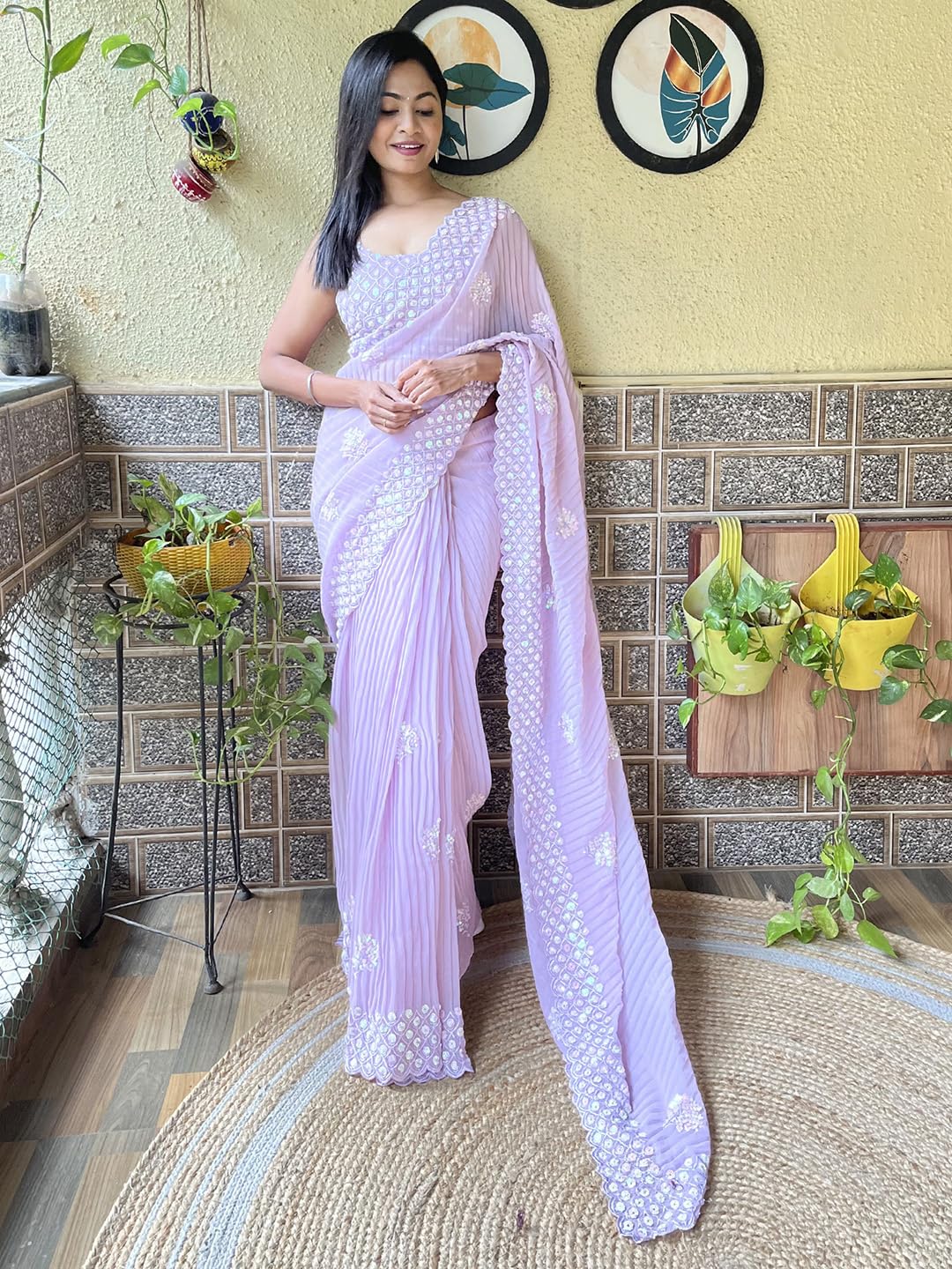 AKHILAM Women's Lavendar Georgette Sequins Embellished Saree with Unstitched Blouse Piece (KESARI4205_KR)