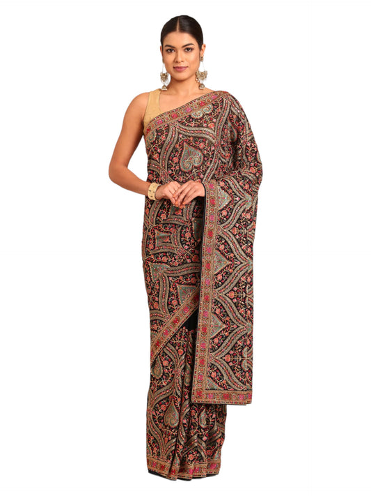 MOHEY Women's Blue Georgette Embroidery|Stone Work Saree with Blouse Piece