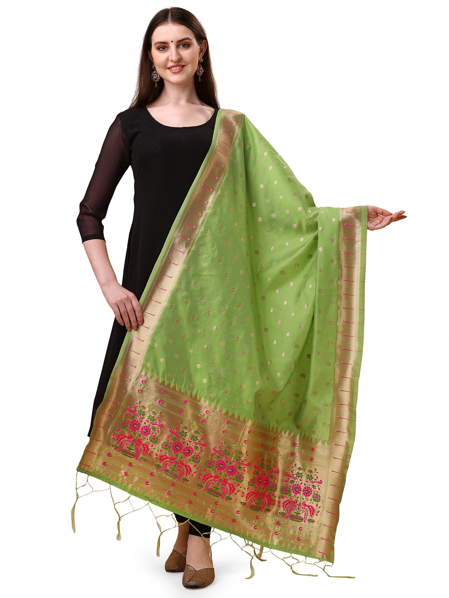 DEVANGI Women's Woven Paithani Banarasi Silk Dupatta/Chunni For Women, Animal Print 1 Meter Wide and 2.3 Meter Length Printed Designer Dupatta/Chunni For Girls (Pista)