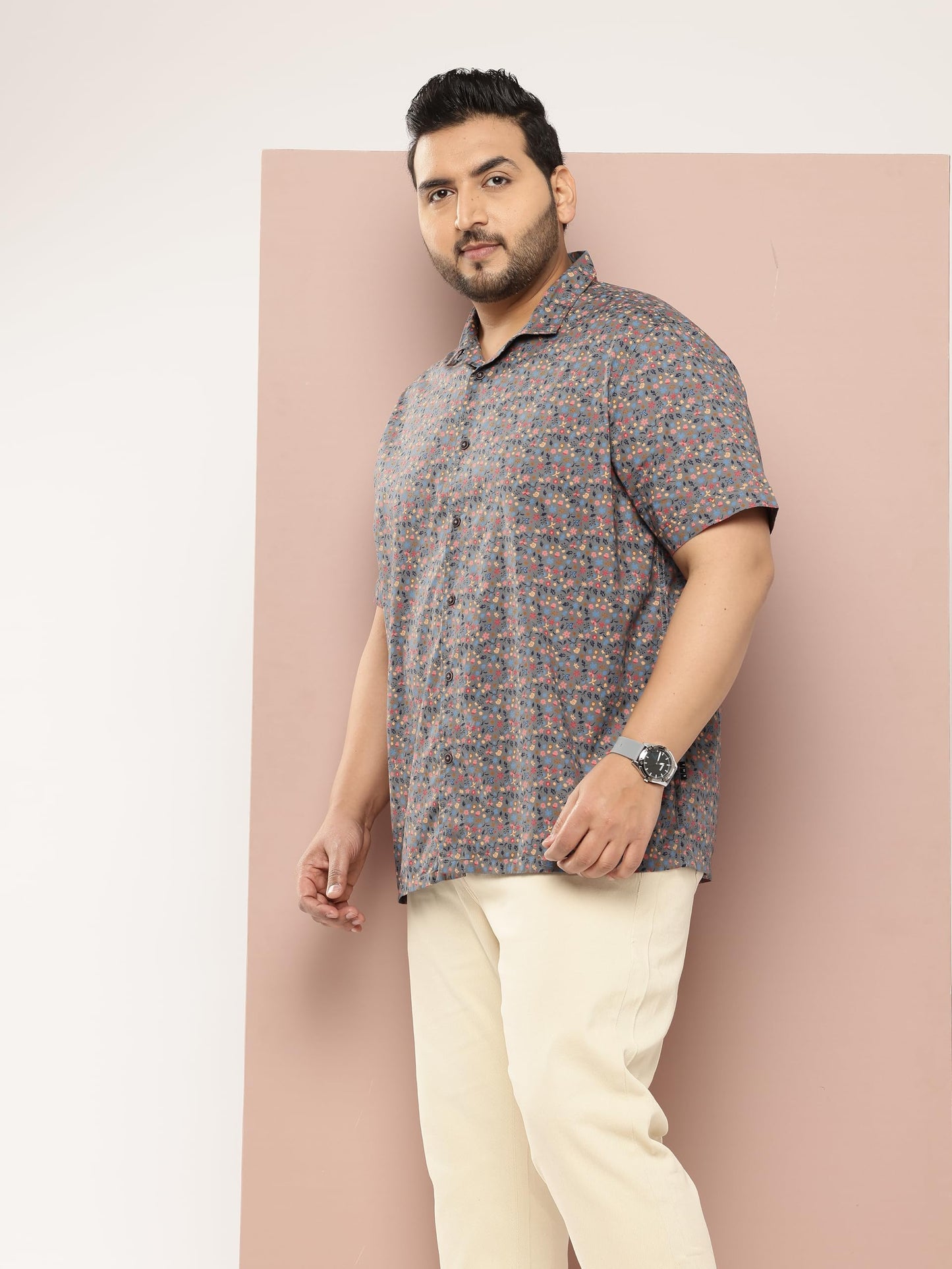 Thomas Scott Plus Size Premium Floral Printed Pure Cotton Casual Shirt(TS1474_Grey_4XL)