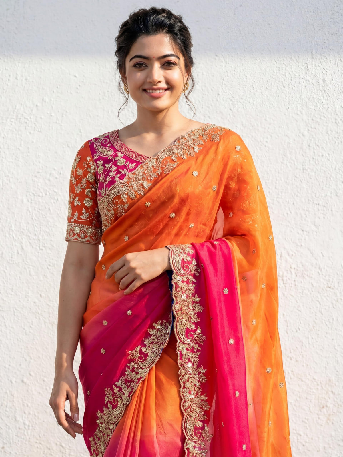 Amazon Brand - Tavasya Orange Pink Fendy Satin Silk Saree with Multi Sequence Embroidery Work | Heavy Embroidered Wedding Party look Saree with Running Blouse Piece