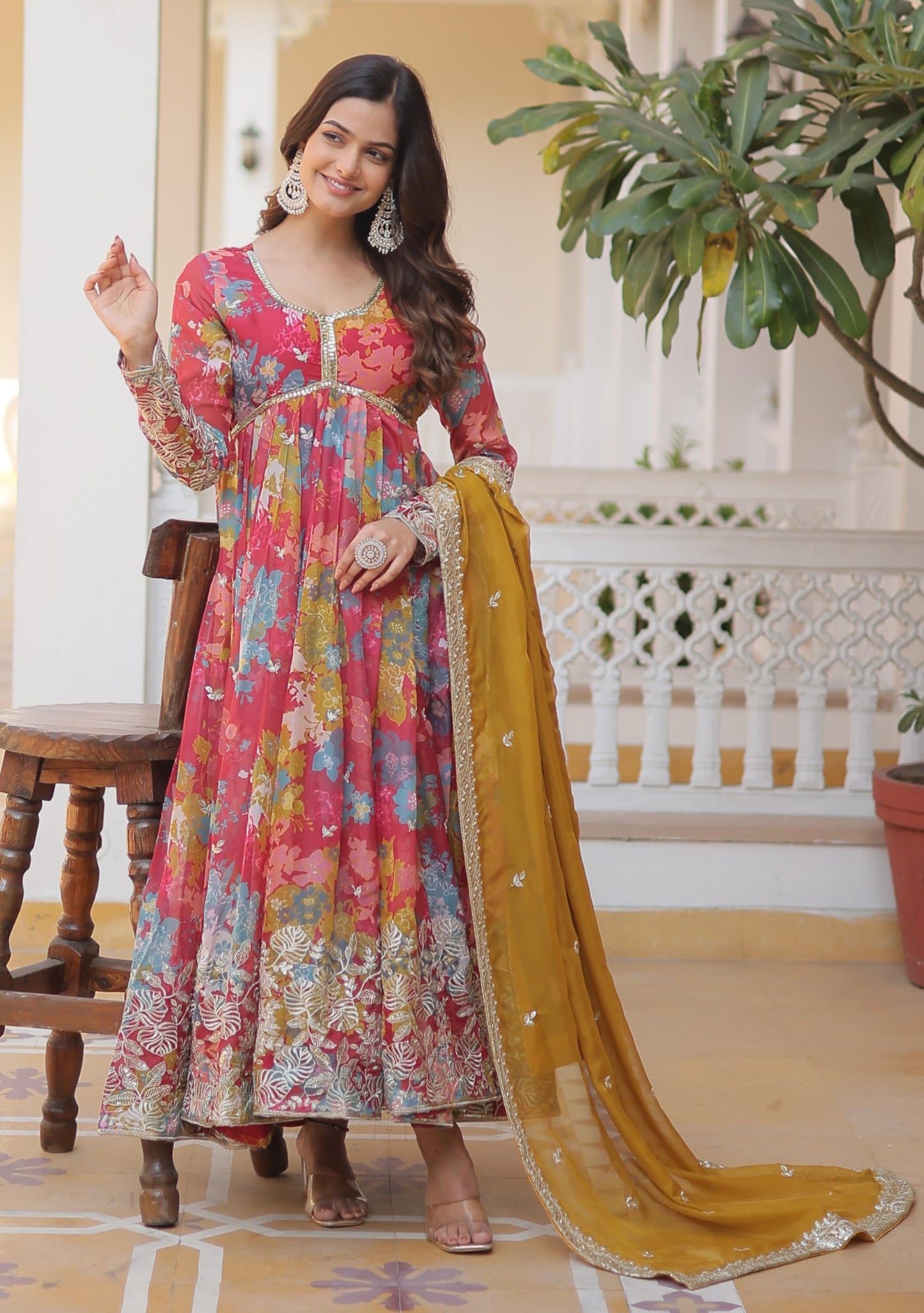 Fashion Basket Women's Pink Georgette Anarkali Kurta Set (Medium, Pink)