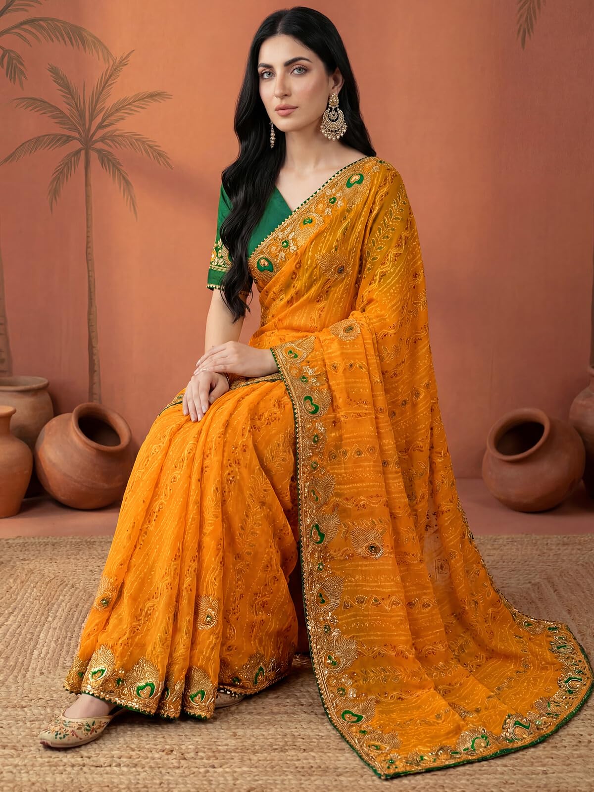 SIRIL Women's Georgette Embroidery Gota Lace Bandhani Printed Saree with Unstitched Blouse Piece (4524S373AA_Yellow)