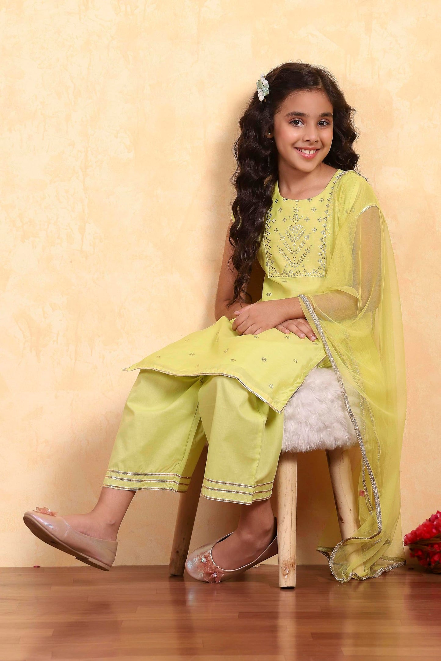 Biba Girl's Polyester Kurta Set (KW5222ESS25LMYL