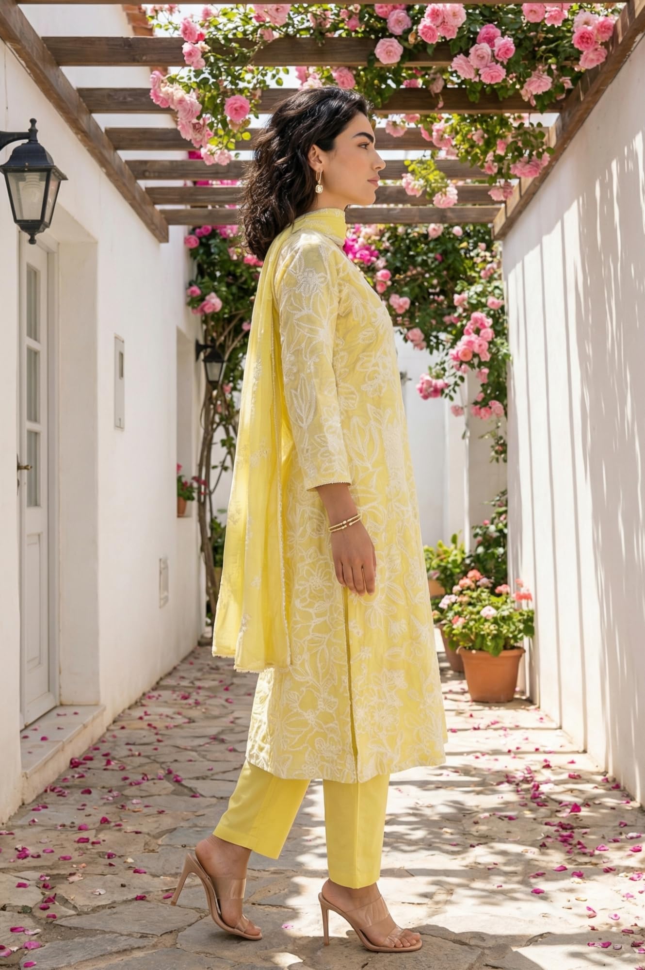 W for Woman Yellow Floral Printed Chanderi A-line Kurta with Pants and Dupatta Set - (WS12702-127279-S)