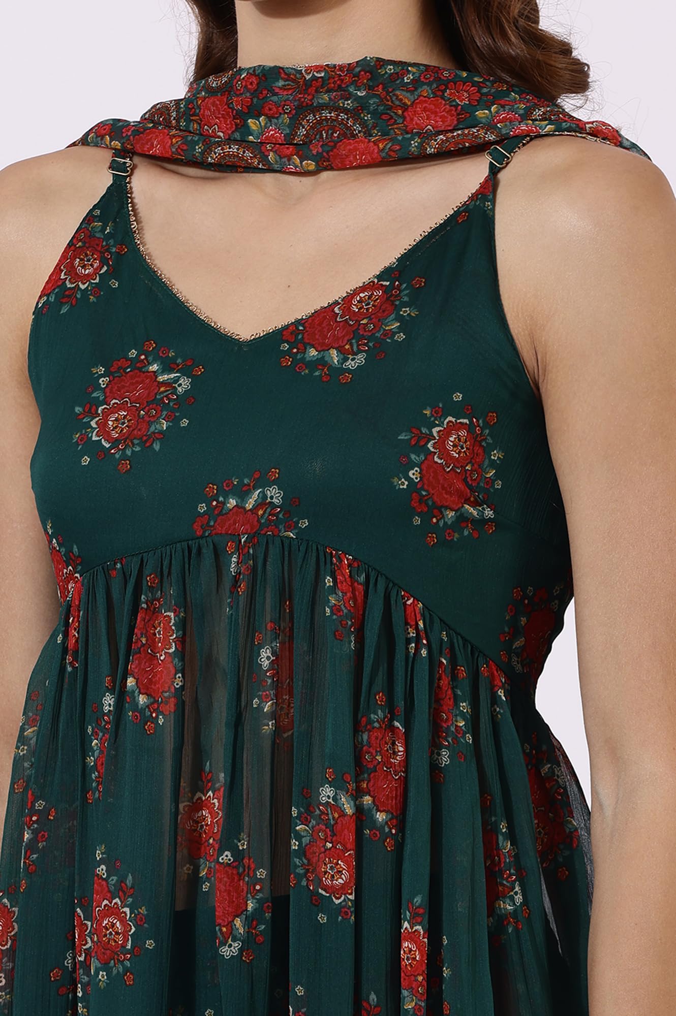 W Green Floral Printed A-line Kurta, Straight Pant & Dupatta for Women (Size: XL)-24AUWS12586-125012