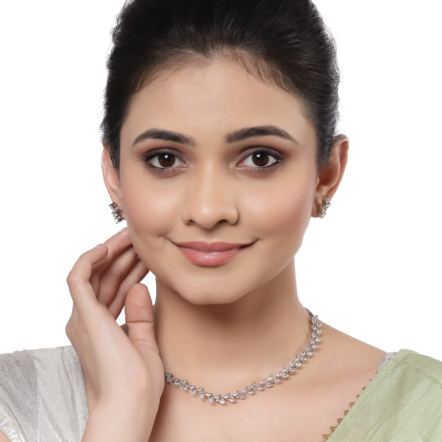 ZENEME Womens Rhodium-Plated with Silver-Toned Leaf Design White American Diamond Studded Jewellery Set (White)