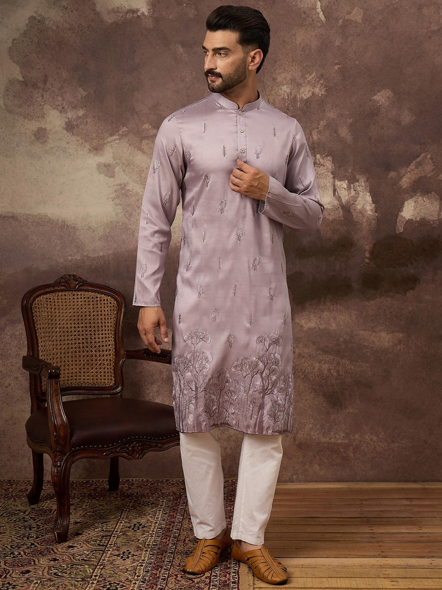 Ethnic Bay Men's Lavender Silk Blend Solid Embroidered Calf Length Kurta's | Embroidered Kurta for Men | Straight Fit Kurtas for Mens (MKU1333, S)