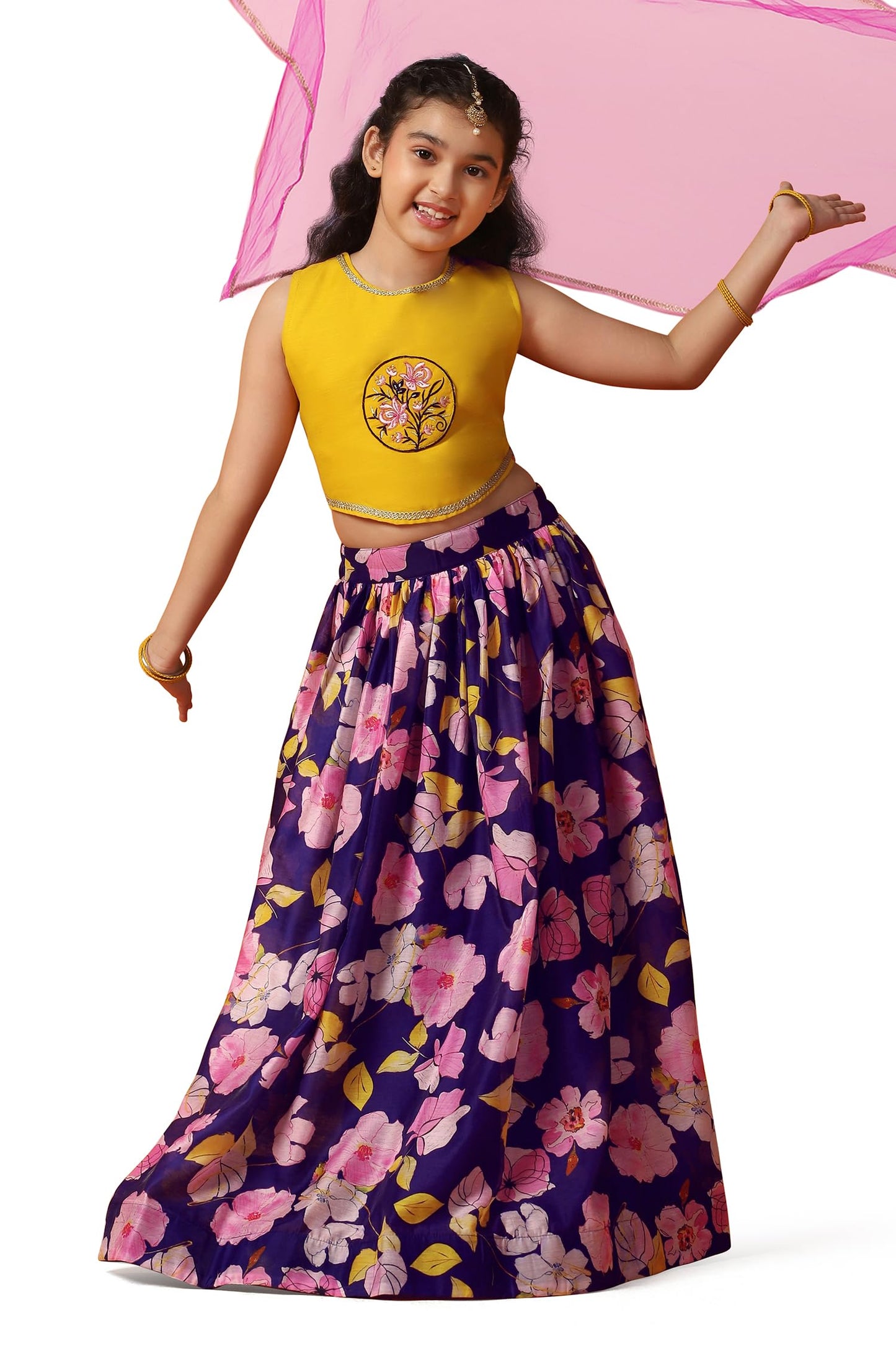 Fashion Dream Girl's Chanderi Silk Printed Lehenga Choli Set|Lehenga Set for Girls|Ethnic Wear for Kids Girls|Lehenga for Kids|Chaniya Choli for Girls (FDGLGC00178 MST 18_Mustard_2-3 Years)