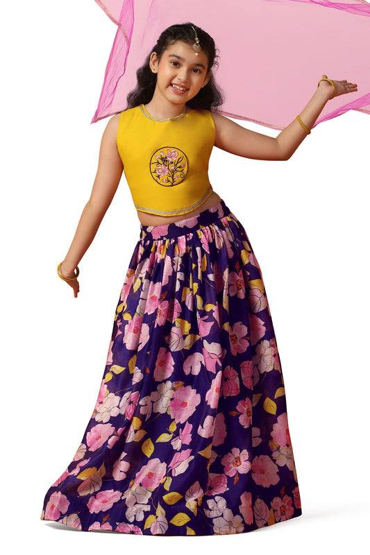 Fashion Dream Girl's Chanderi Silk Printed Lehenga Choli Set|Lehenga Set for Girls|Ethnic Wear for Kids Girls|Lehenga for Kids|Chaniya Choli for Girls (FDGLGC00178 MST 18_Mustard_2-3 Years)