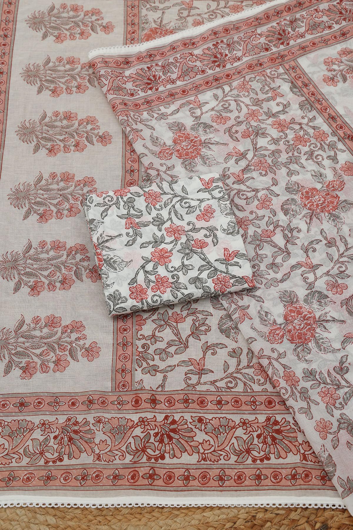 Soch Womens White Cotton Floral Dress Material With Beads