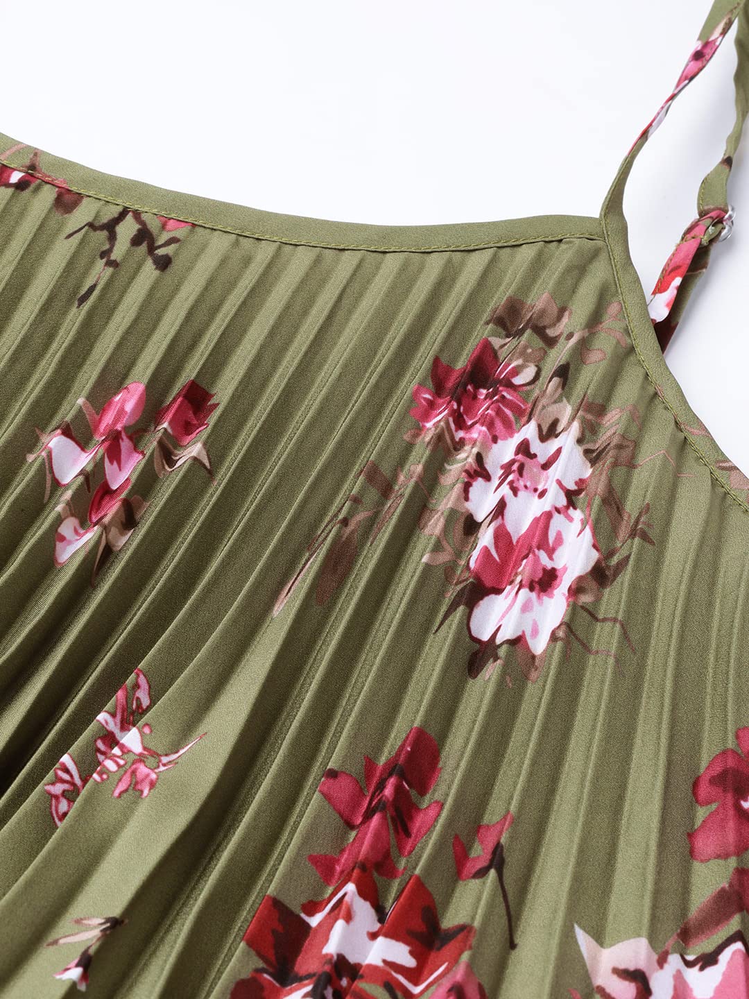 SASSAFRAS Olive Floral Strappy Pleated Maxi Dress