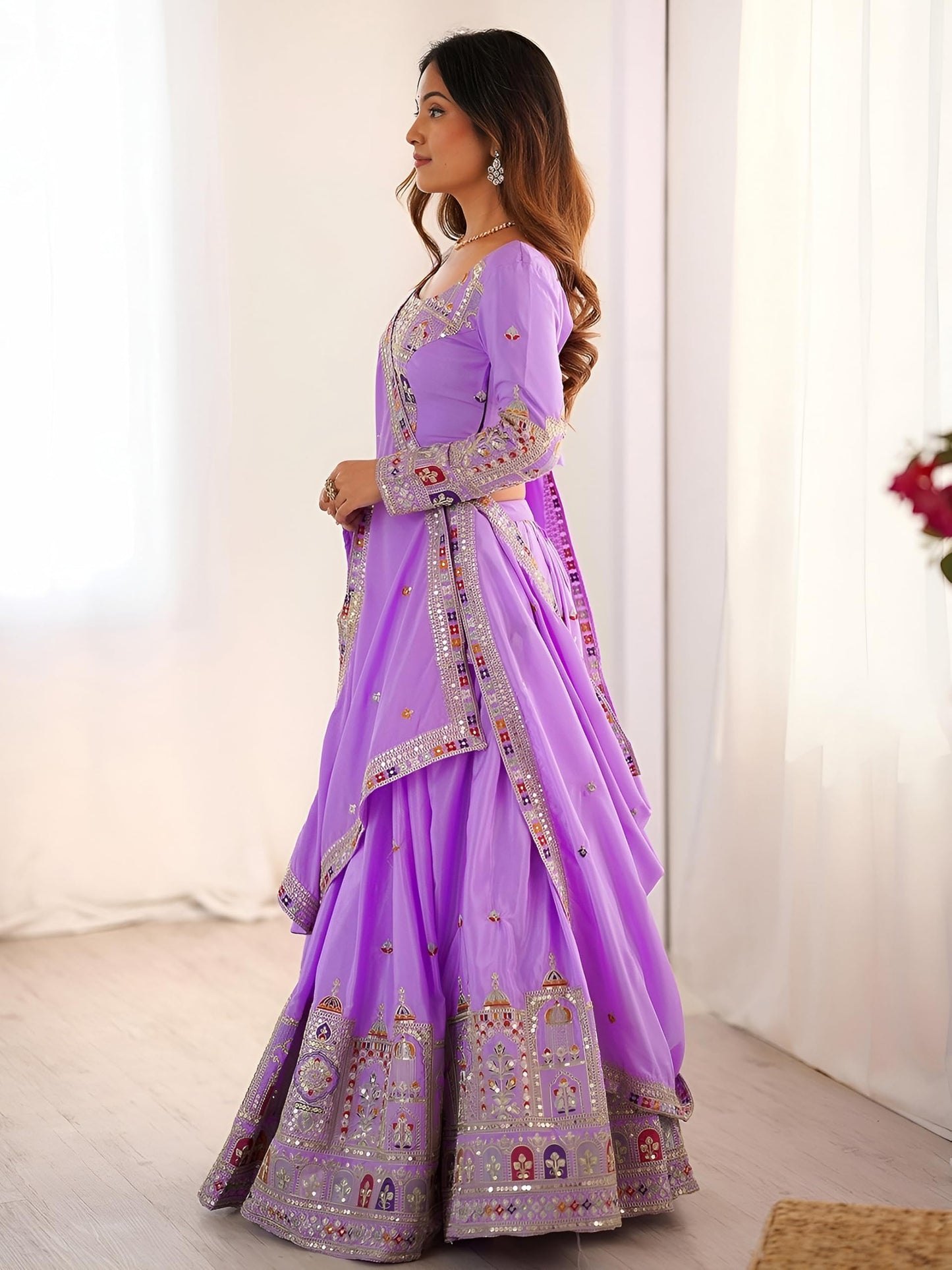 Zeel Clothing Women's Sequins Thread Embroidered French Crepe Lehenga Choli With Dupatta (5118-Lavender-Women-Lehenga-Choli-Latest; Free size) (Lavender)