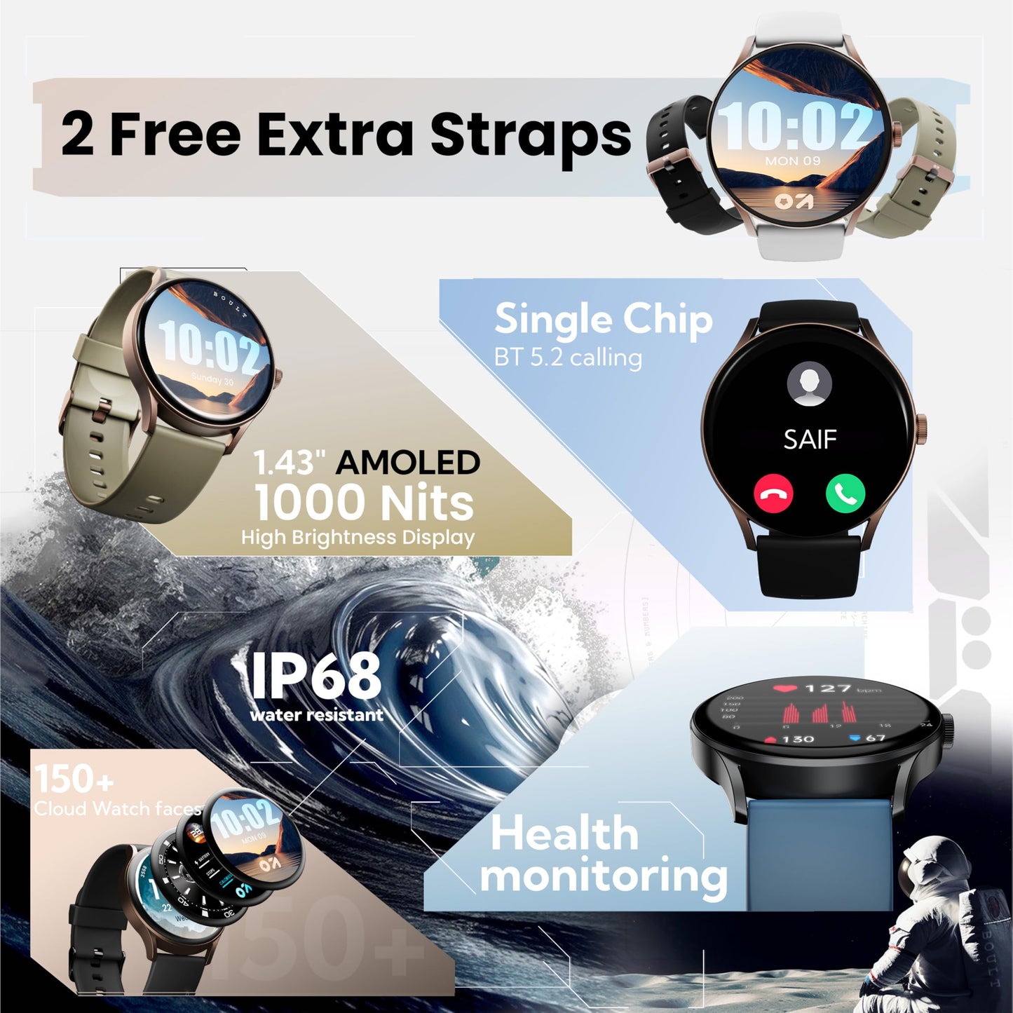 GOBOULT Newly Launched Rover Pro Smartwatch 1.43'' AMOLED, BT Calling 5.2, 1000 Nits Brightness, IP68, 150+ Watchfaces, 120+ Sports Modes, AI Voice Assistant, SpO2 Monitoring (Elite, Free Straps)