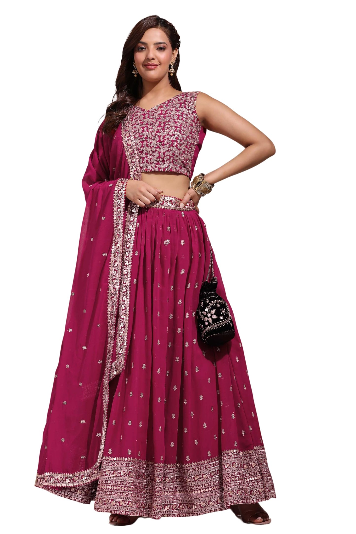 Fabcartz Womens Embroidered Georgette Lehenga Choli with Sequins Work (Pink)