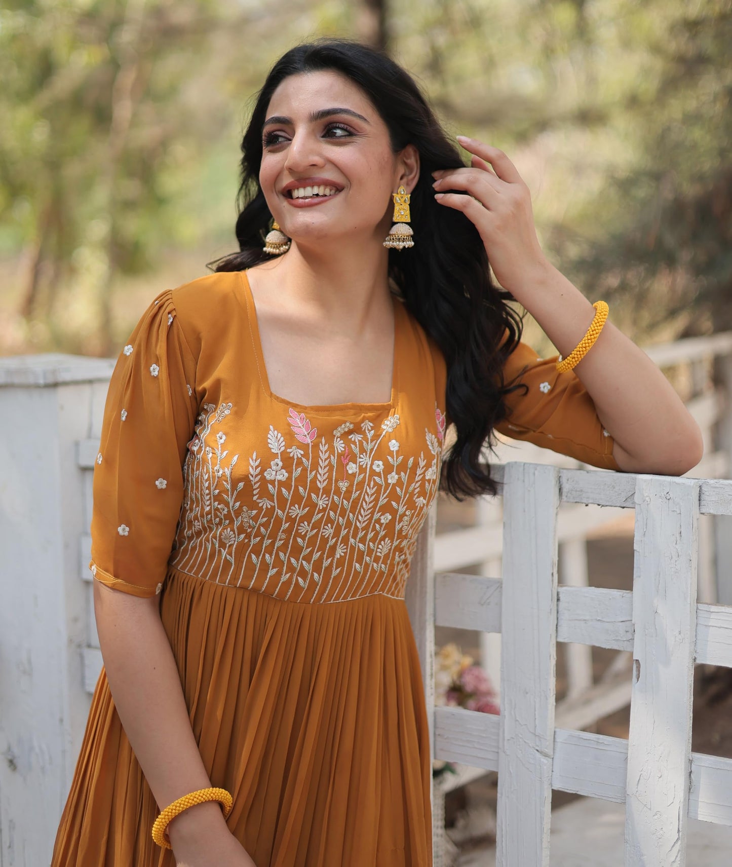 Fashion Basket Georgette Anarkali Gown with Sequins and Embroidery for Women with Long Sleeves (X-Large, Yellow)