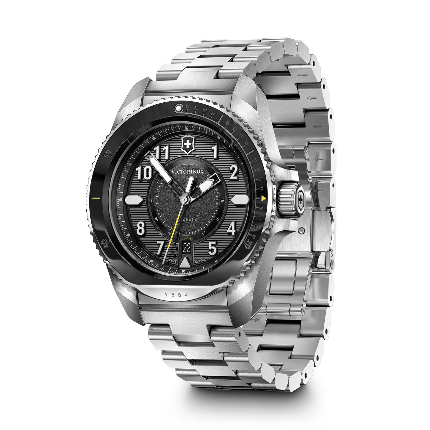 Victorinox Stainless Steel Journey 1884, Automatic Swiss Made Men's Analog Watch, Black Dial, 43 Mm, Water Resistant Up To 200 M, Sellita Sw 200-1 Movement, Wrist Watch For Men | 241981,Silver Band