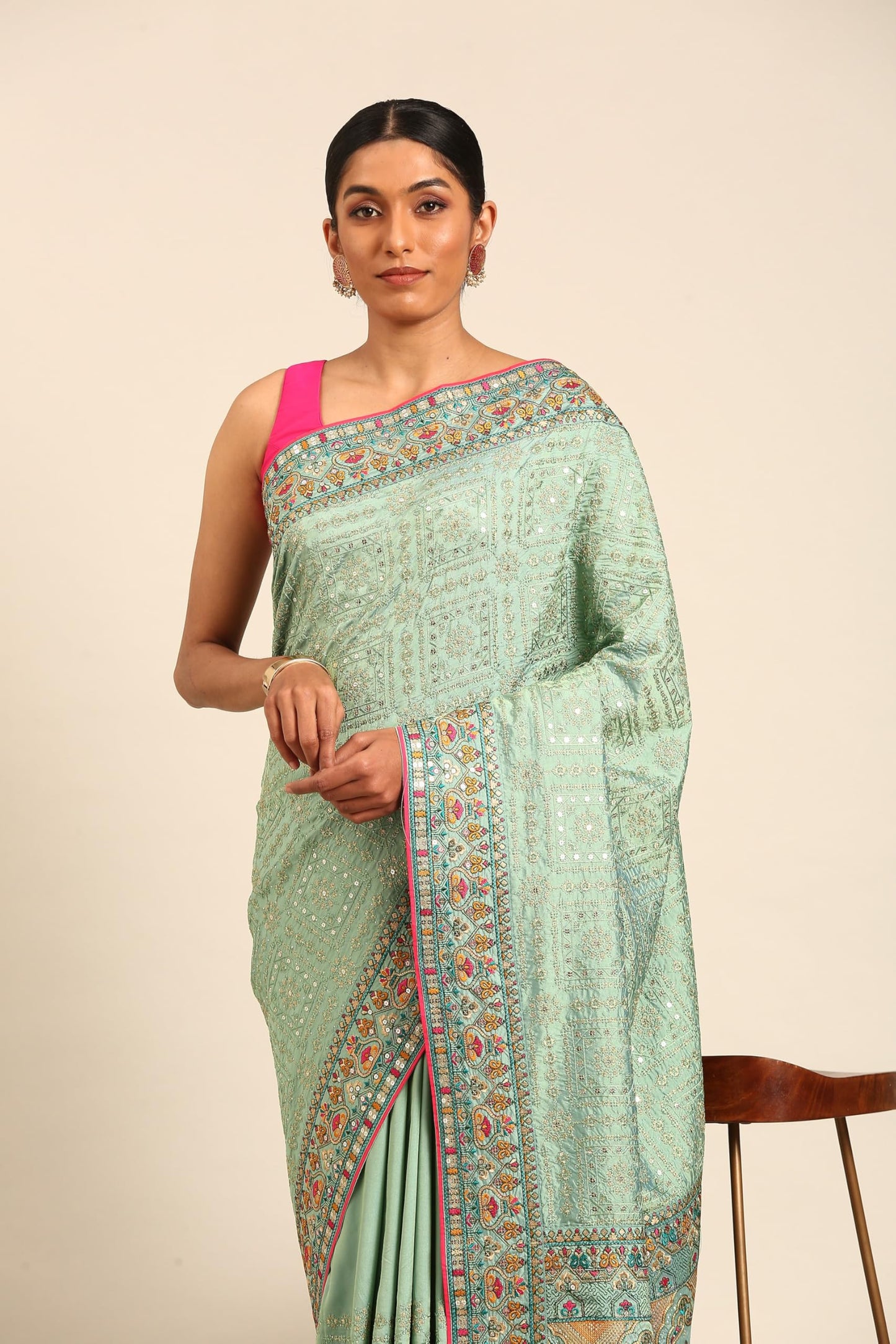 MOHEY Embroidery|Stone Work Saree For Women(Green)
