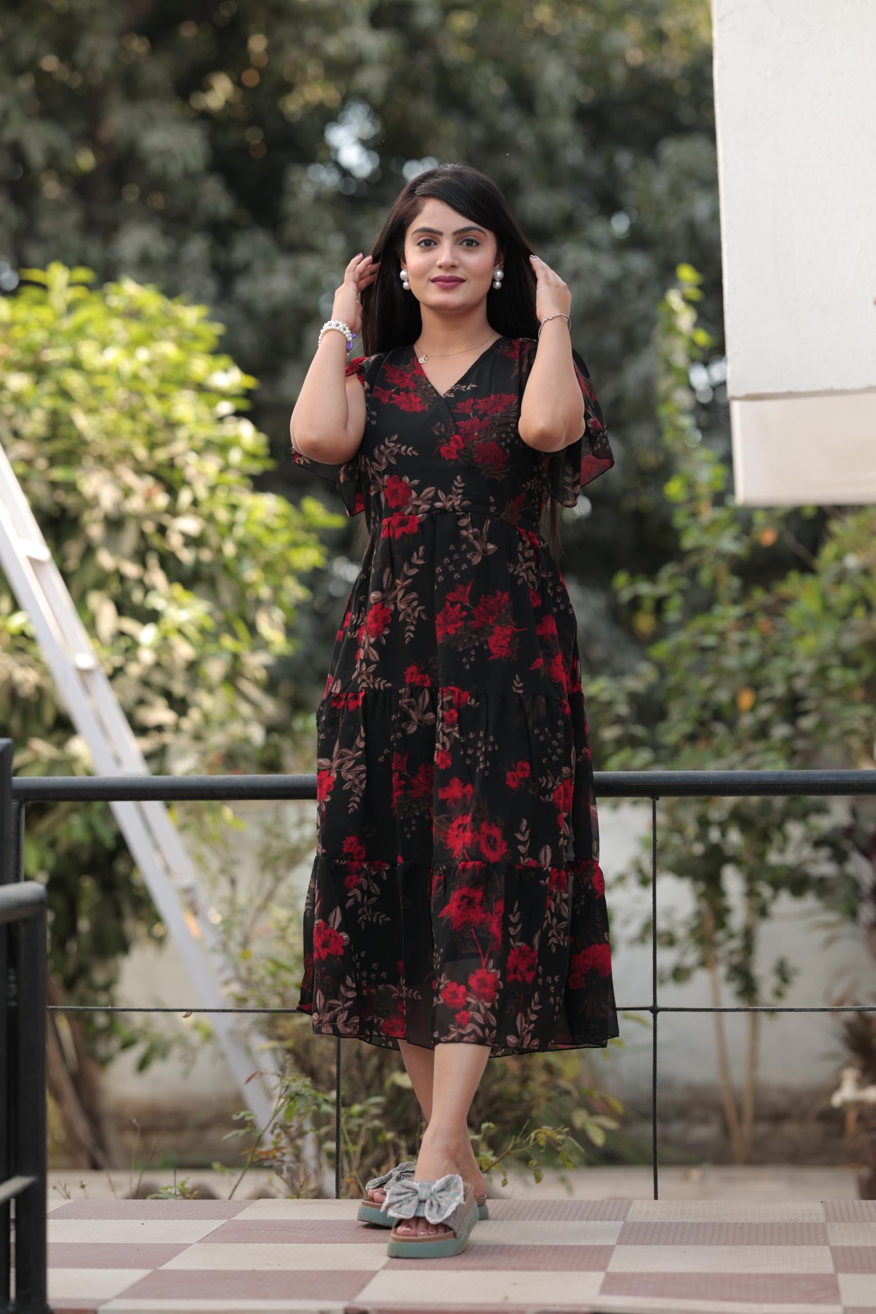 Midi Dress One Piece Black Dress For Girl HOSI Georgette Fit And Flare Below The Knee Midi Dress One Piece Black Dress For Girl HOSI Georgette Fit And Flare Below The Knee