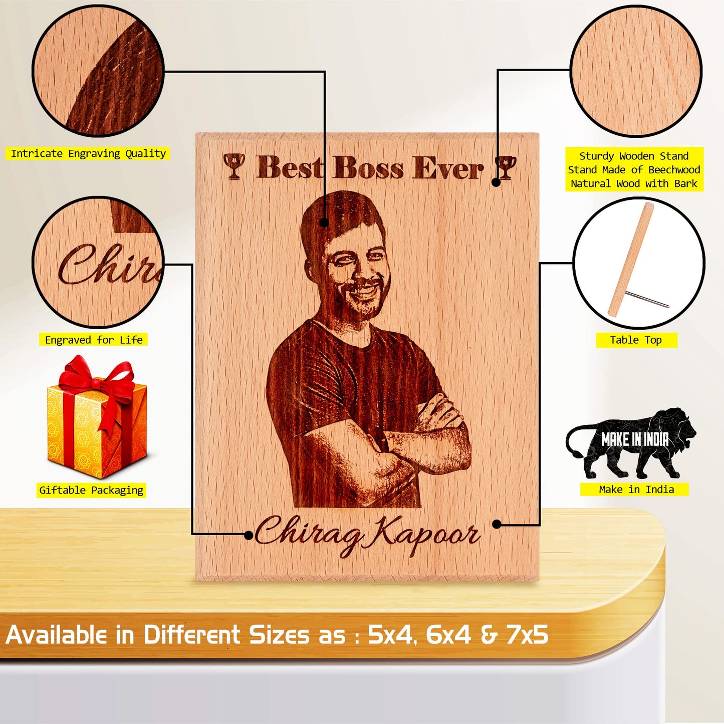 GFTBX Personalized Engraved Wooden Photo Frame For Boss, Manager & Colleagues - Gift For Boss With Photo On Plaque Customized Gifts For Office Colleague (5x4 Inches, Wood), Tabletop