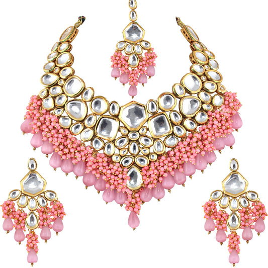 Lucky Jewellery 18K Gold Plated Pink Color Kundan Stone/Uncut Kundan/Dibbi Kundan/Meena Kundan/Lucknow Kundan with Monalisa Drop Bridal Set for Girls & Women (5910-M4SK-1574-PK)
