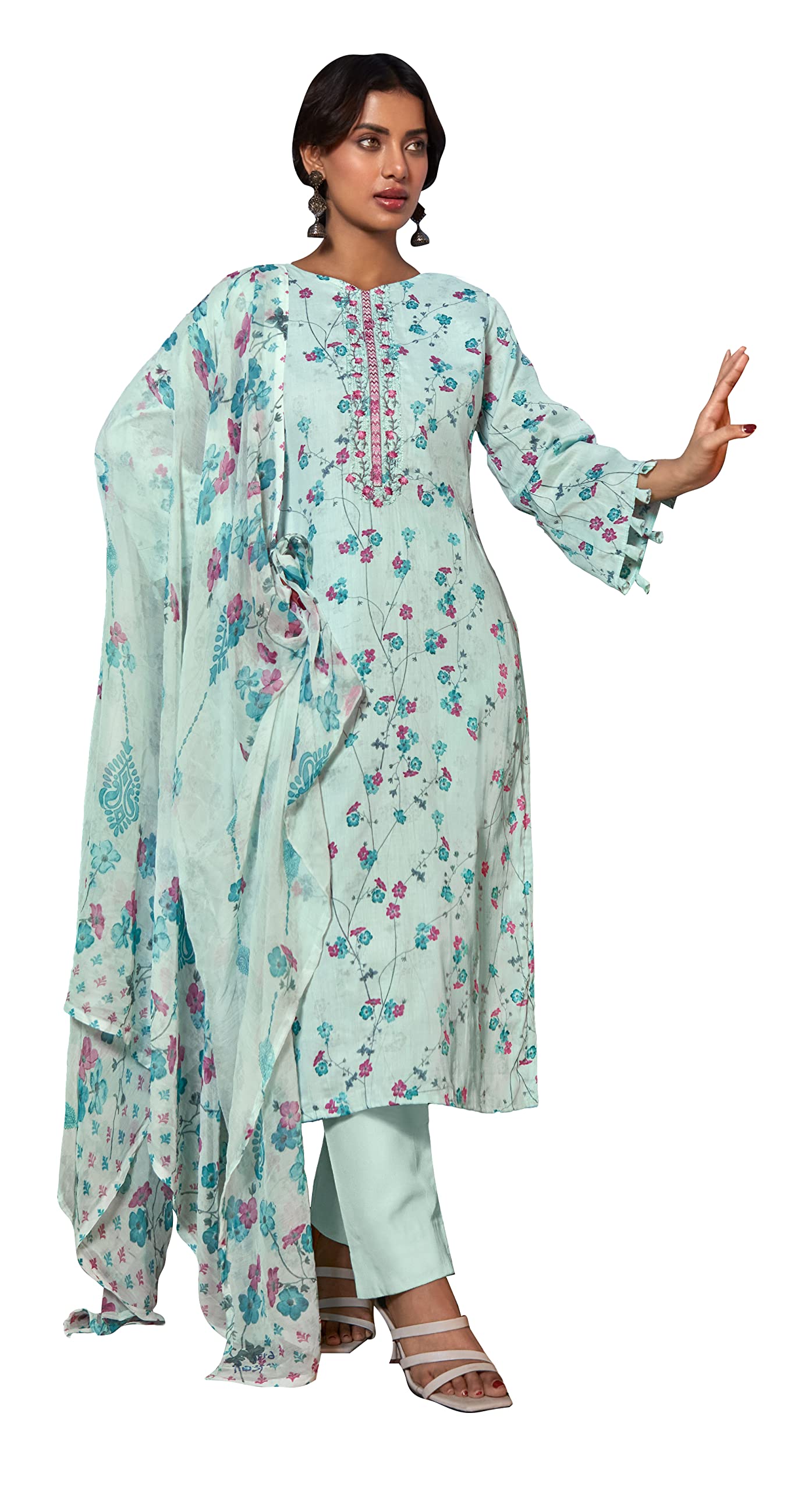 DRAVINAM Trends Unstitch Embroidered Women Kurta with Pant & Chiffon Dupatta