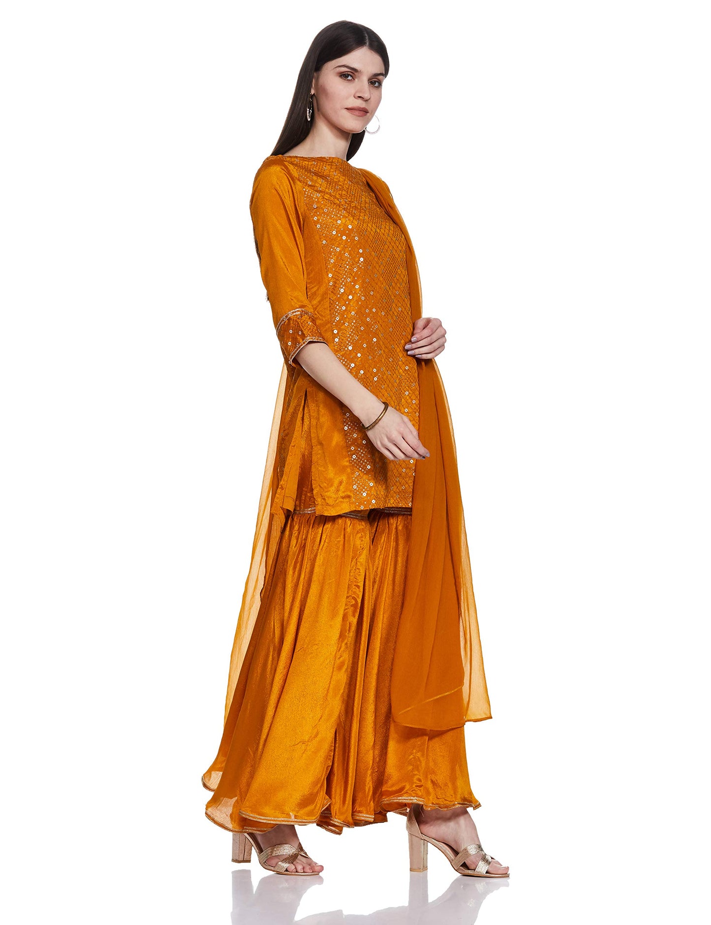 BIBA WOMEN EMBROIDERY FLARED SALWAR KURTA DUPATTA(SKDEMBROIDE6814_OCHRE_34)