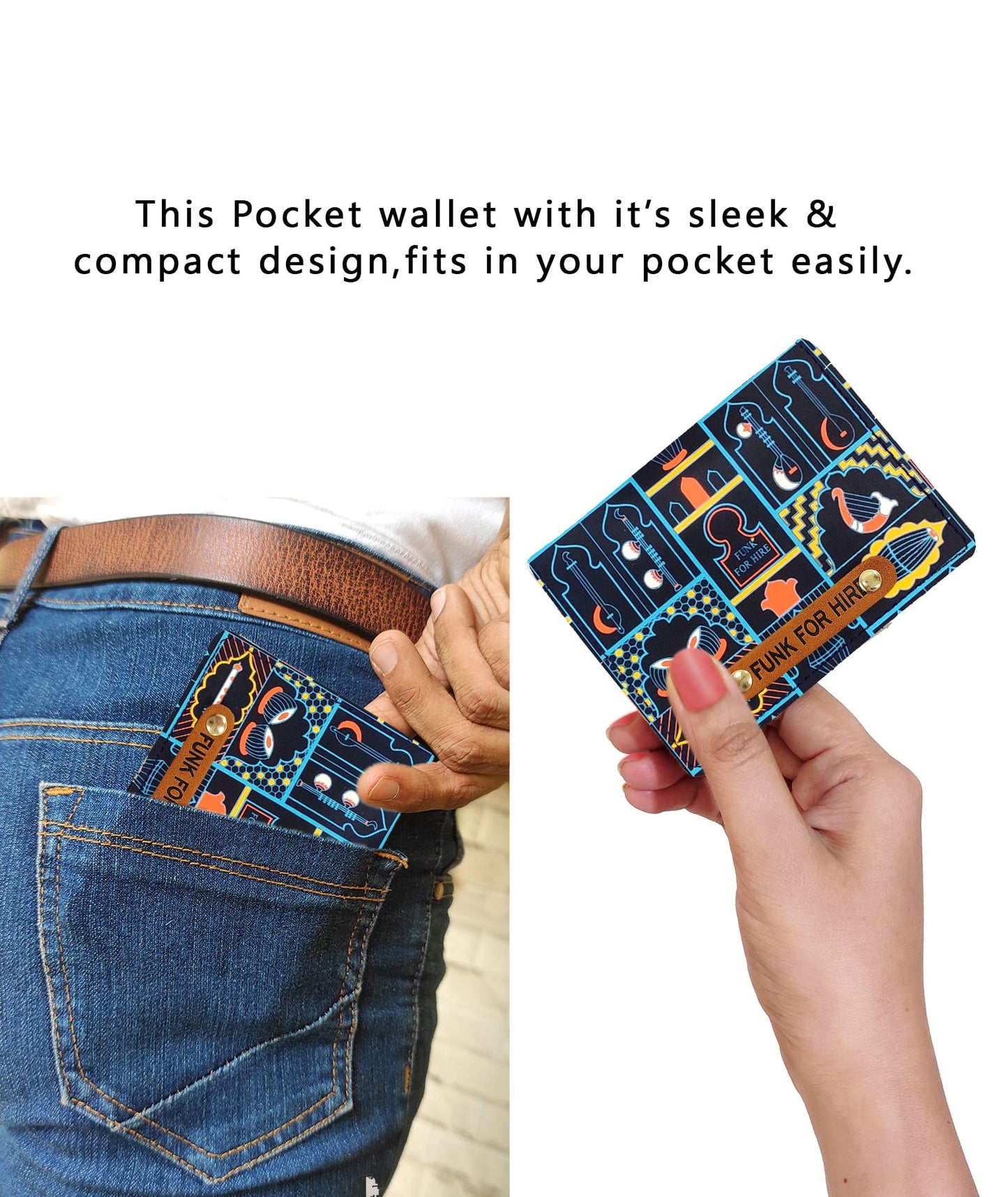 Funk For Hire Unisex Vegan Leather Small Card Wallet Navy Blue Printed Mini Bifold with Coin Zipper Pocket Compact Slim Wallet for Cash & Cards